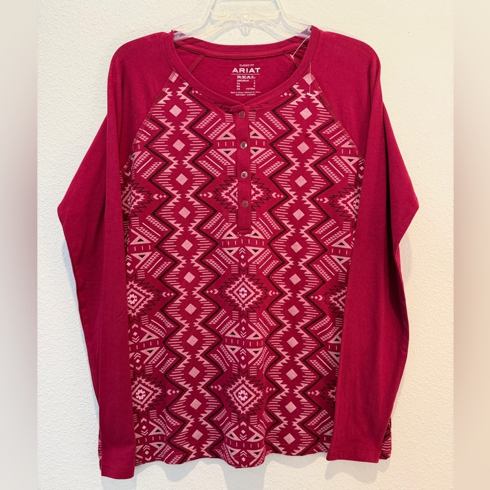 Ariat Real Printed Henley Tee Burgundy Aztec Print Women’s Long Sleeve T-Shirt